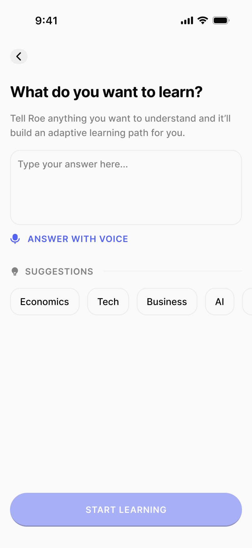 Roe asking what you want to prepare for, with a free-text box and topic suggestions