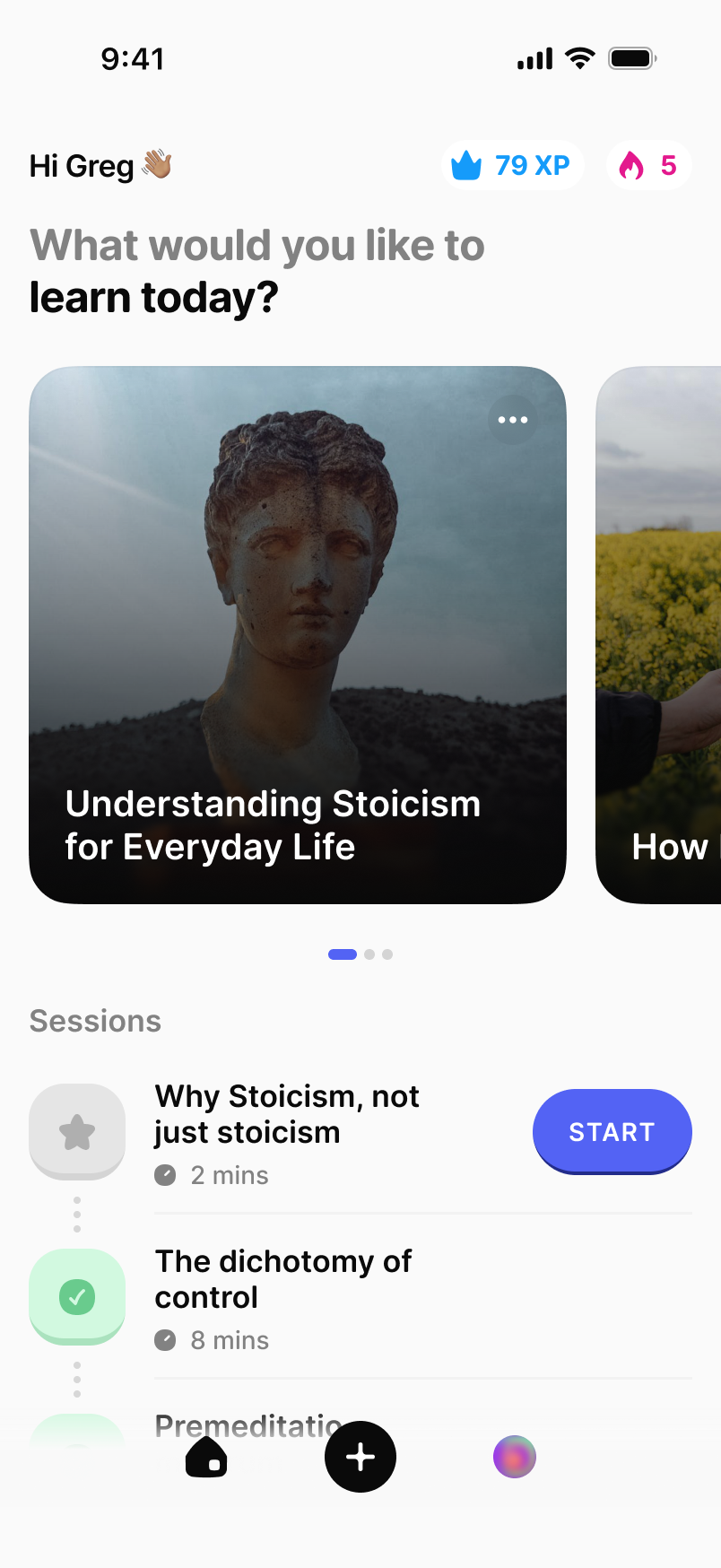 The Roe home screen with the next session on top and a single START button