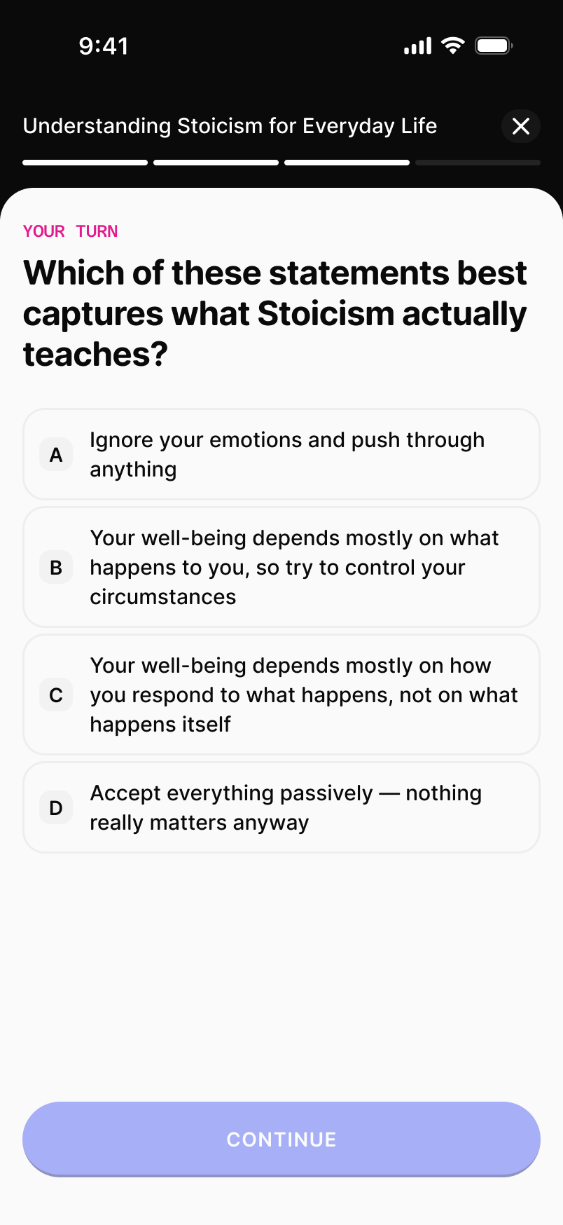 A Roe quiz question with multiple-choice options during a session