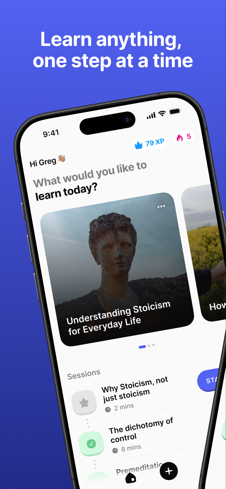 Learn anything, one step at a time: the Roe home screen with study paths